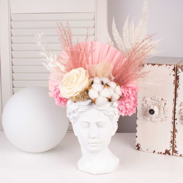 Aranjament cu palmier, bumbac si trandafir conservat